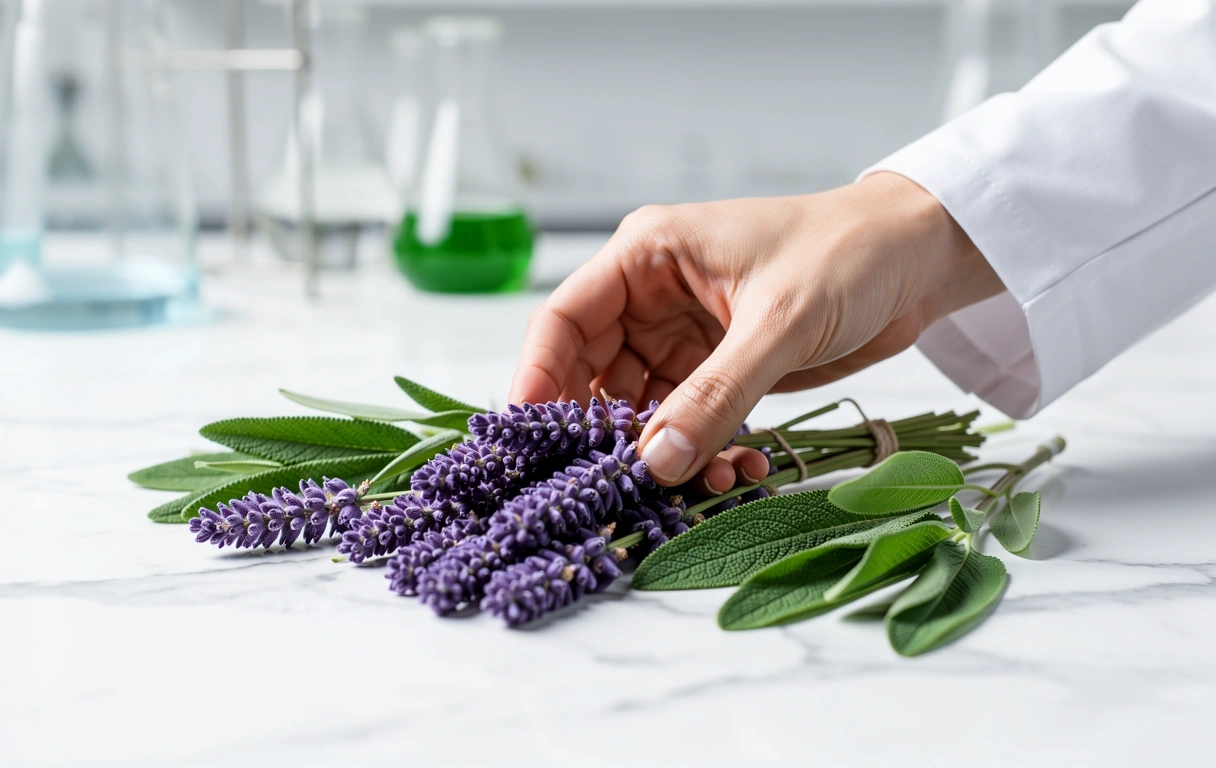 Frische Kräuter in einer klinischen Laborumgebung